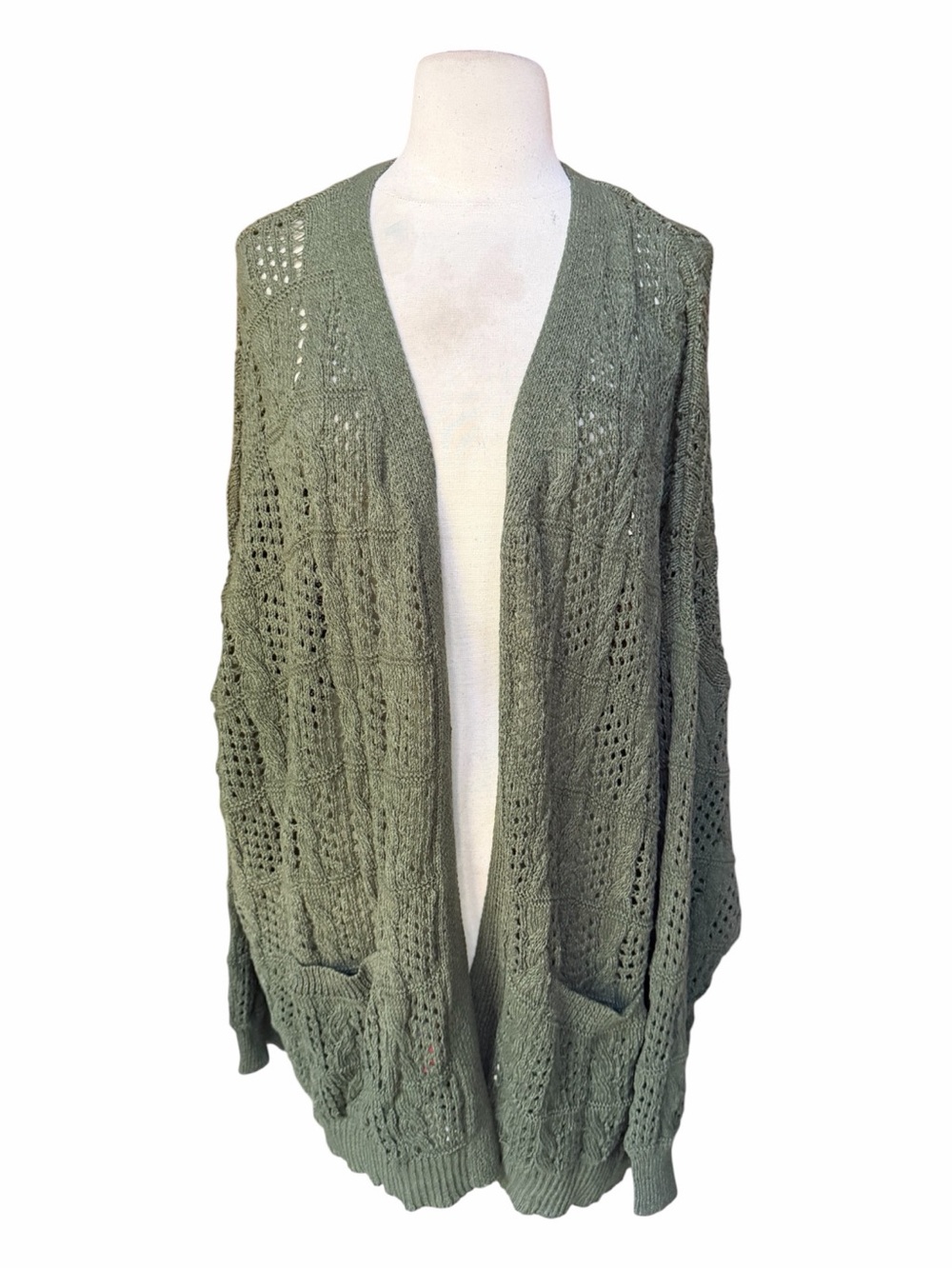 NWT BloomChic Army Green Pointelle Knit Cut Out Pockets Open Front Mid Long Card